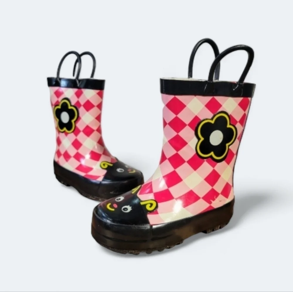 Kids Rain boots Flower Ladybug Gingham Picnic Checkerboard Size 5.5